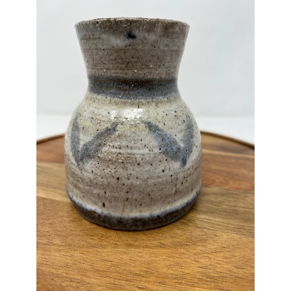 Handmade Ceramic Vase Rustic Beige Blue Zigzag Pattern‎ Small Bud Vase
